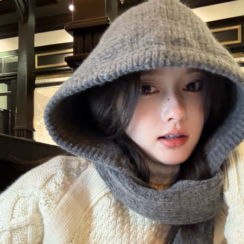 韩系灰色针织毛线帽子围巾一体女秋冬季保暖巴拉克拉法帽防寒围脖