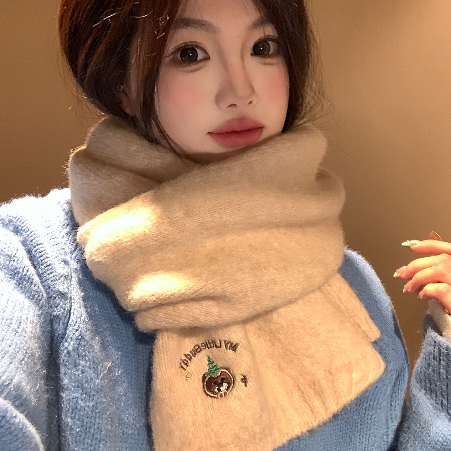 可爱软糯小熊刺绣针织围巾女秋冬