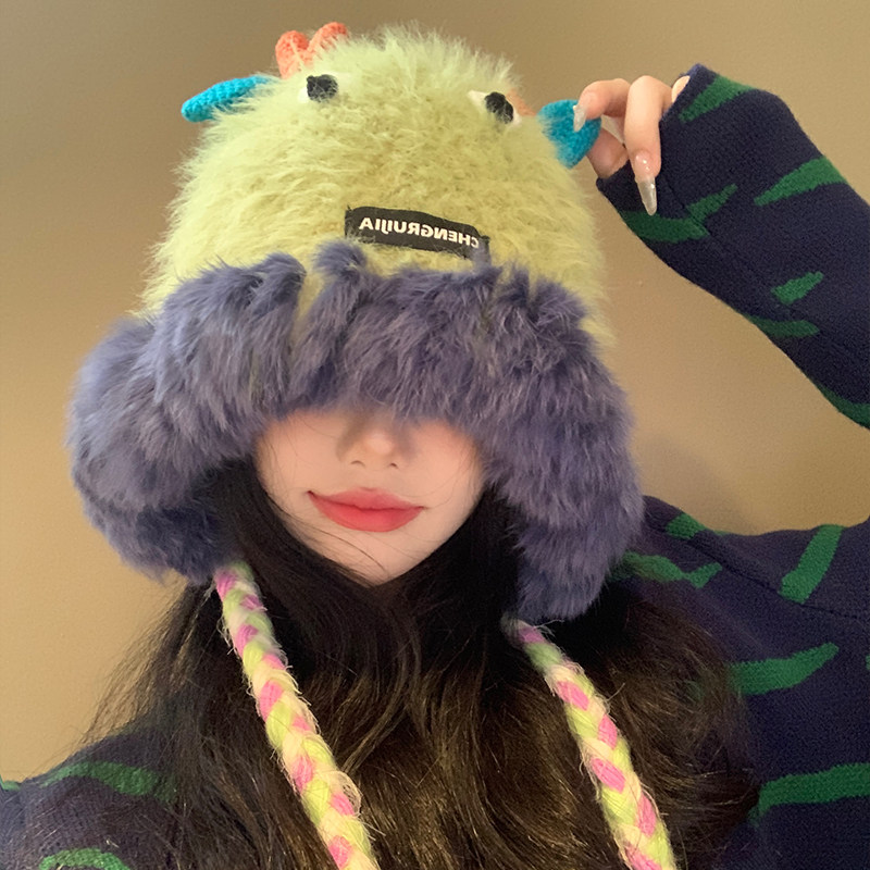 可爱小怪兽加厚兔毛长辫子毛绒帽