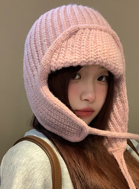 粉色针织毛线帽女2025秋冬护耳飞行帽保暖百搭显脸小滑雪雷锋帽子