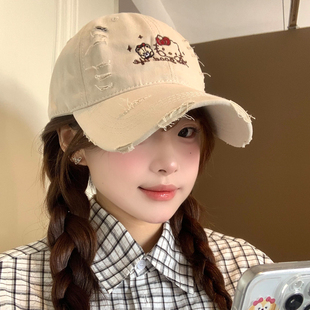 甜美可爱刺绣Kitty猫破洞棒球帽女生宽帽檐大头围显脸小鸭舌帽子