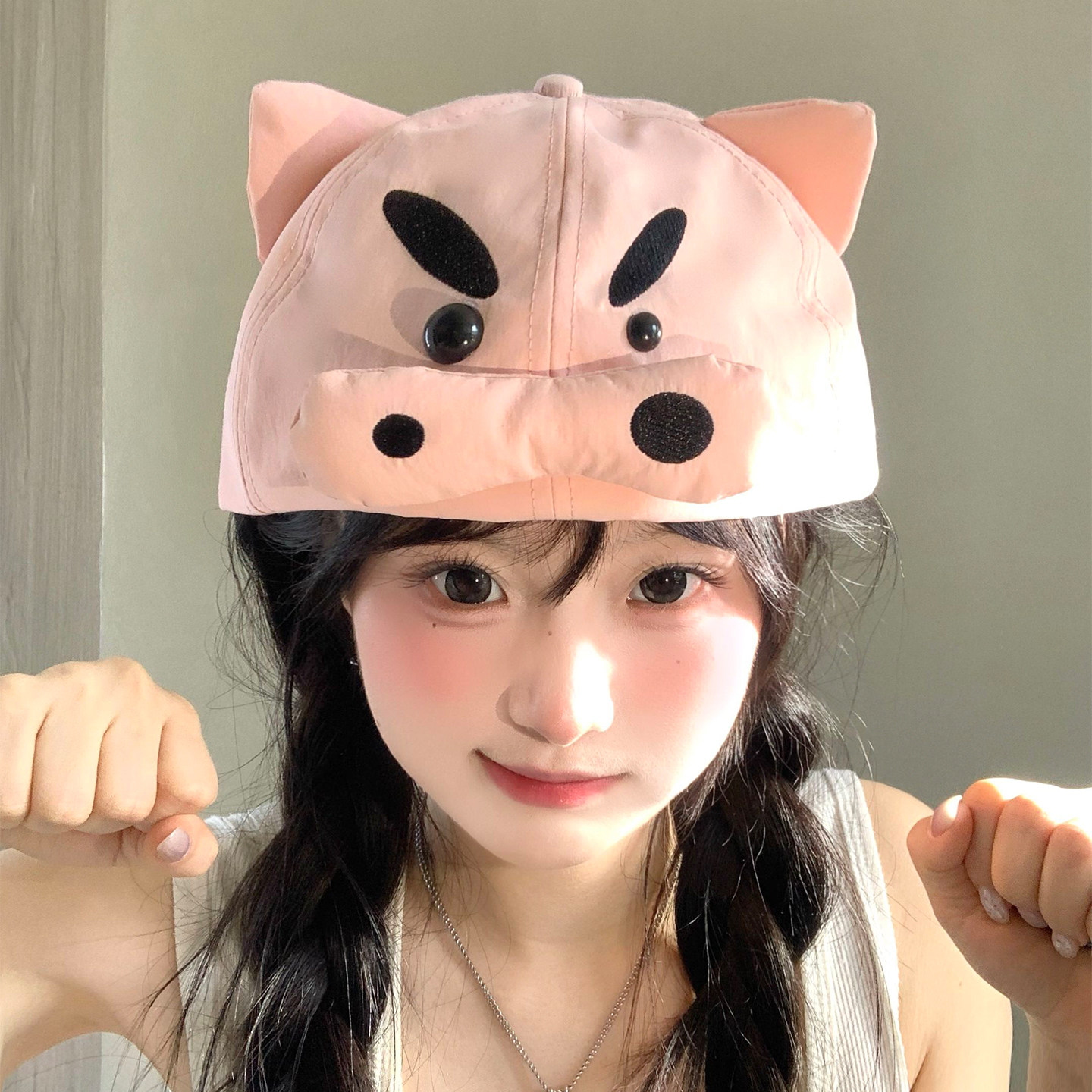 搞怪可爱粉色猪头正反两戴棒球帽女款显脸小夏季防晒速干鸭舌帽子