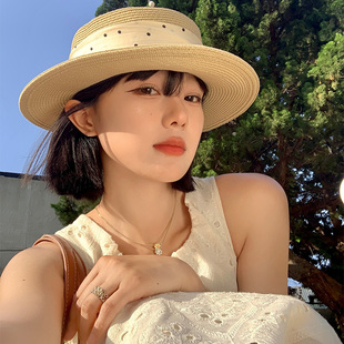 法式 防紫外線顯臉小遮陽防曬海邊沙灘帽子 優(yōu)雅波點(diǎn)平頂草帽女夏季