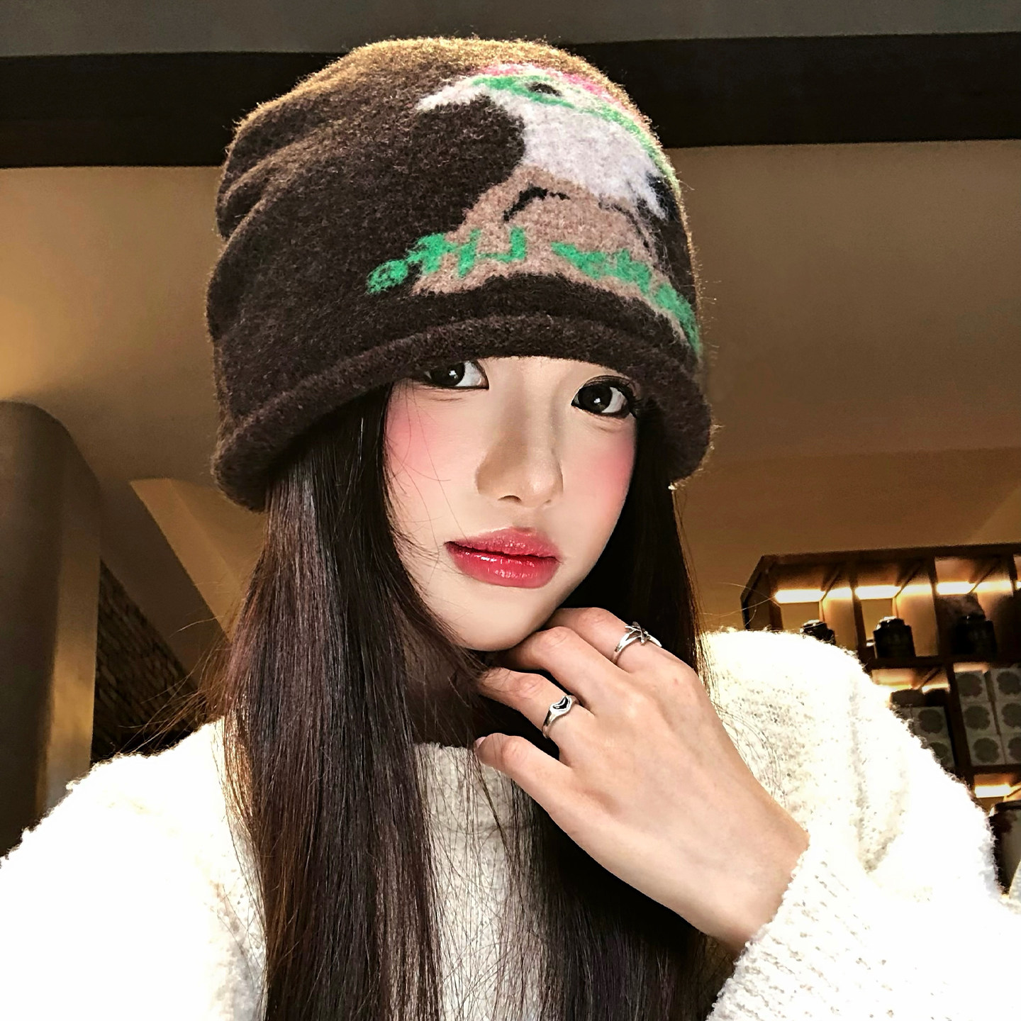 复古咖色卡通小狗针织冷帽女秋冬季保暖可爱显脸小大头围毛线帽子