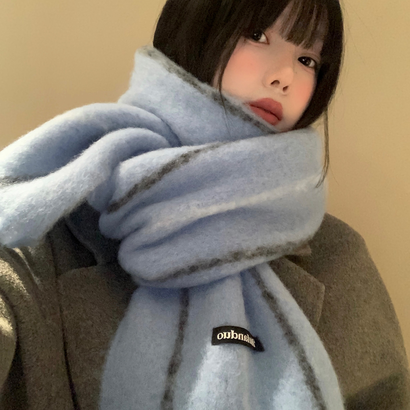 韩系氛围感蓝色仿羊绒针织围巾女