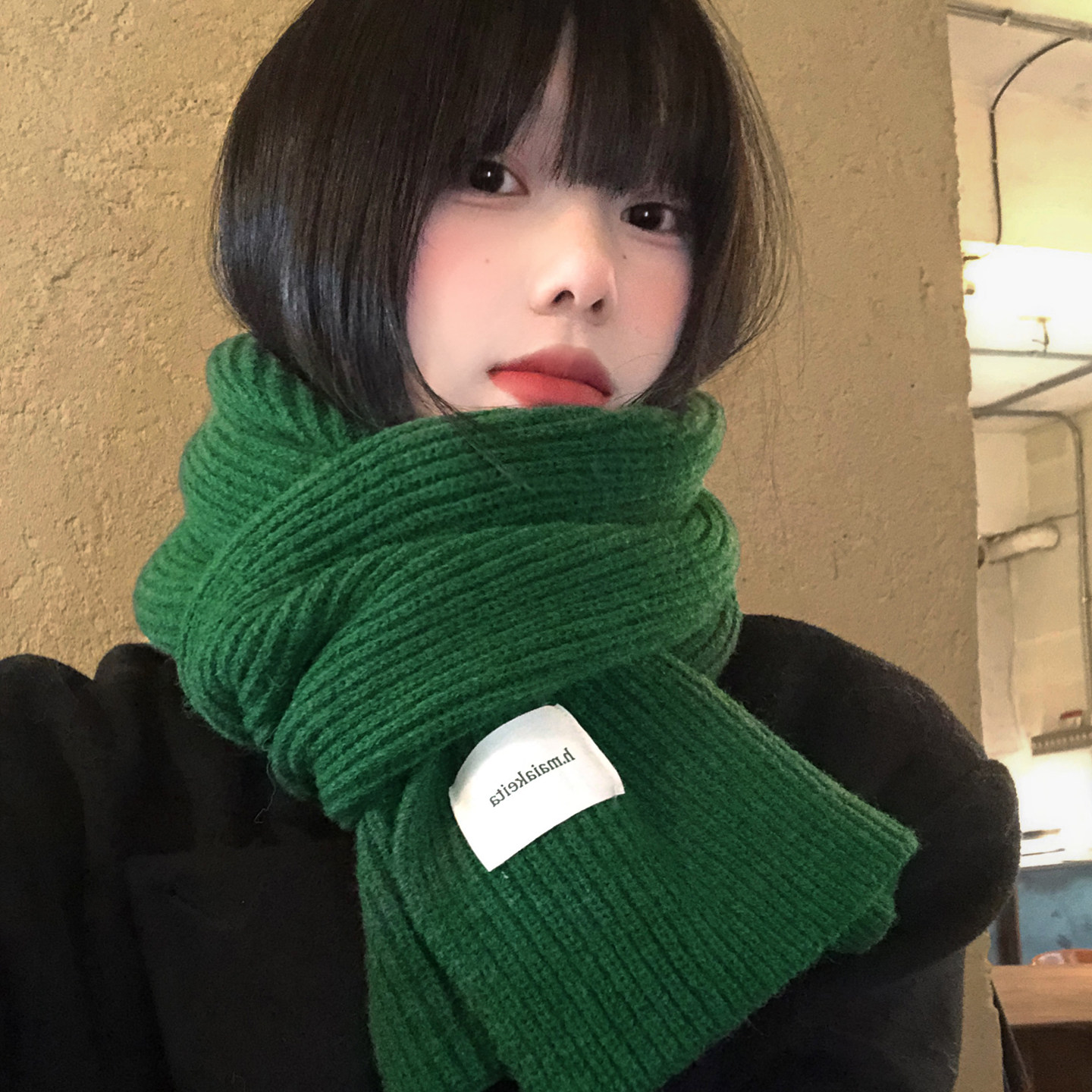 韩系绿色针织毛线围巾女冬季加厚