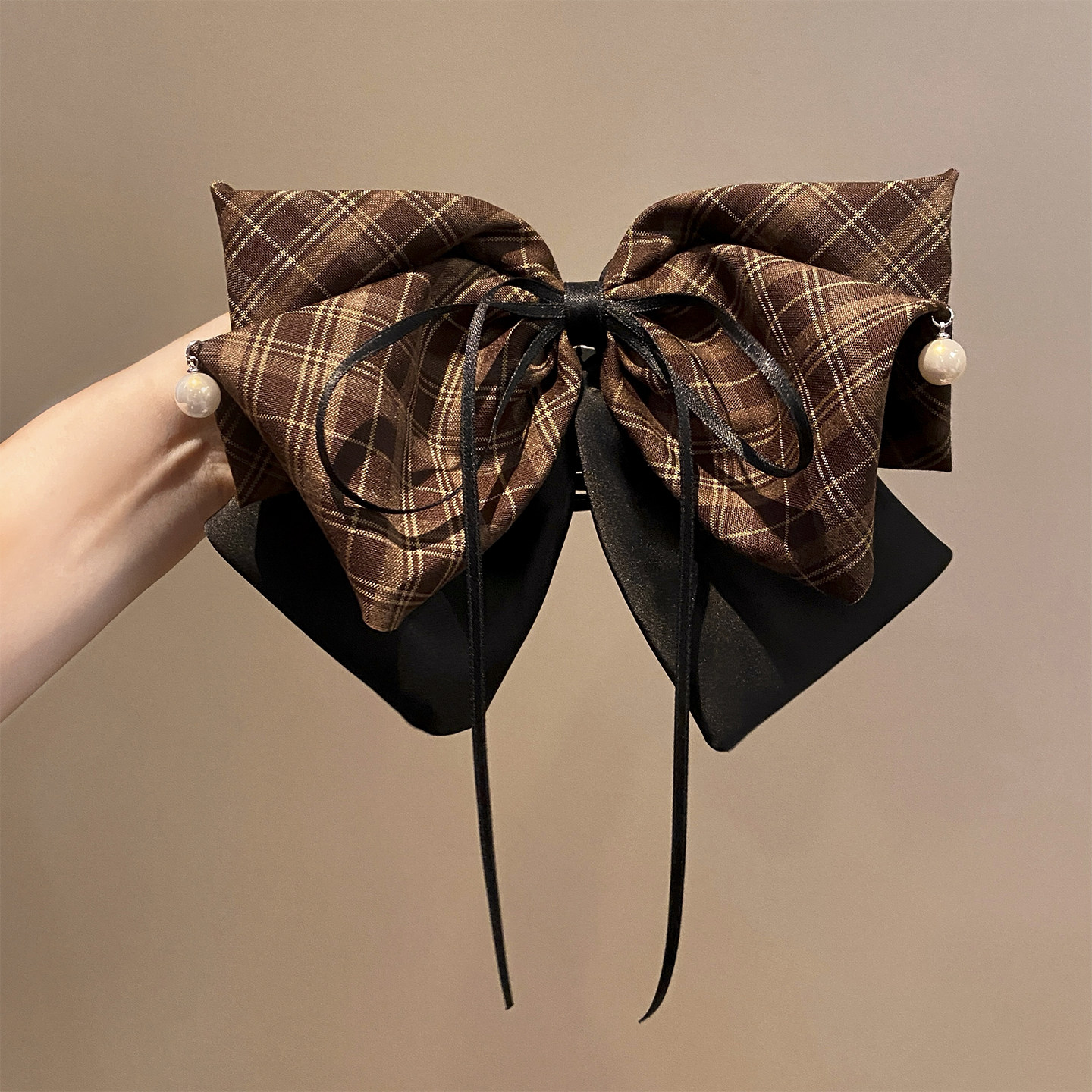 韩系棕色格纹蝴蝶结抓夹女高级感