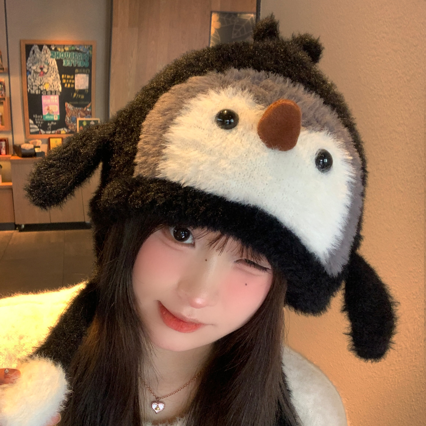 捏捏哇叽响可爱企鹅针织毛绒帽女