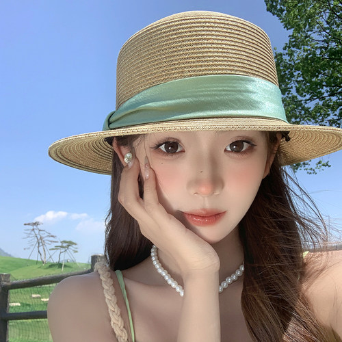 赫本风法式平顶草帽女夏季大帽檐
