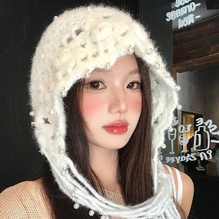 珍珠花朵流苏镂空针织帽子女秋冬显脸小包头帽复古百搭护耳套头帽