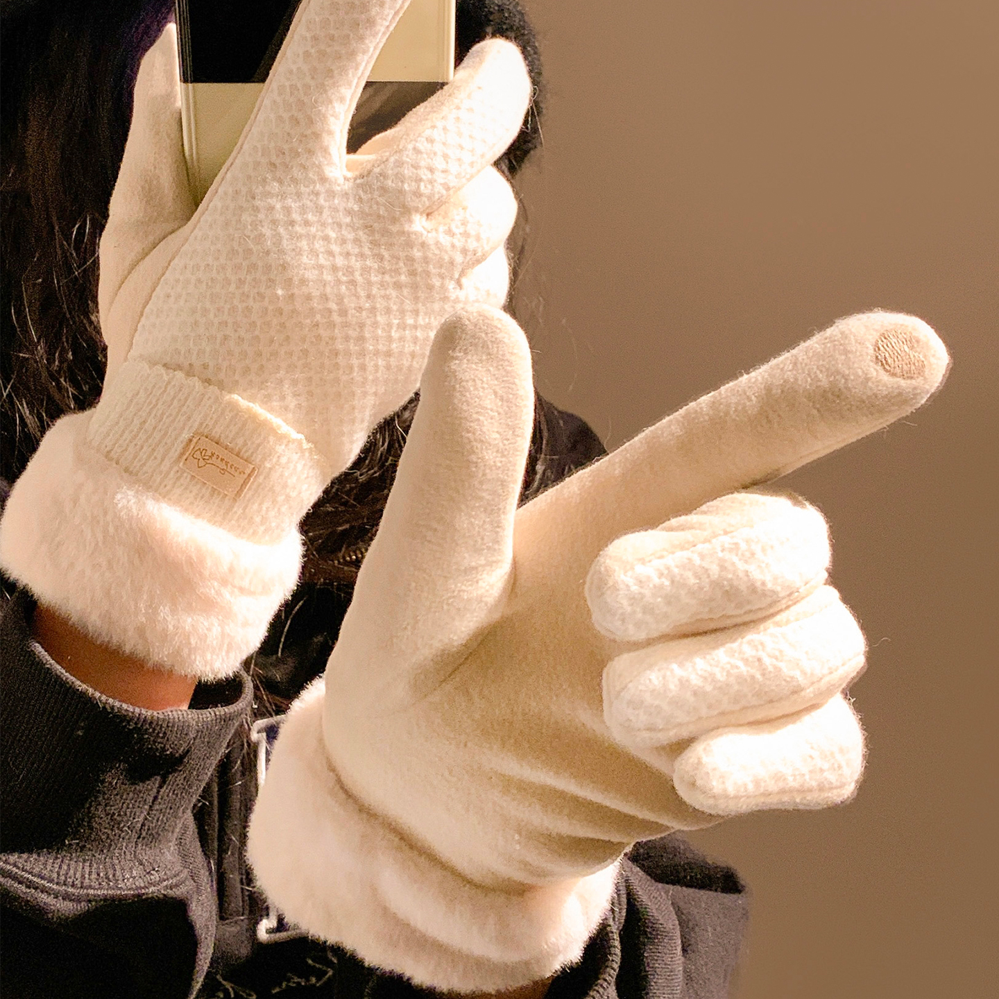 加绒保暖毛绒手套冬季可触屏防水