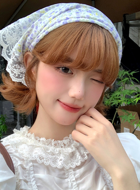甜美蕾丝碎花头巾三角巾女春夏款