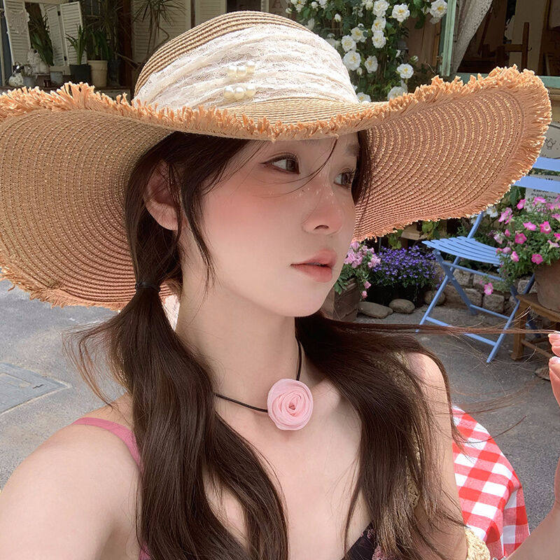 法式蕾丝珍珠蝴蝶结草帽女大帽檐图片