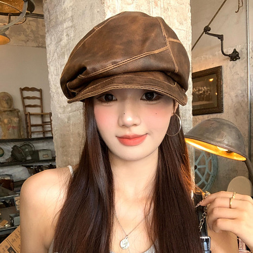 废土风褶皱皮质贝雷帽女小众复古