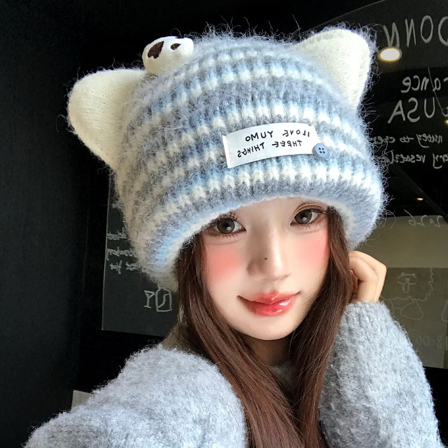 日系可爱猫耳朵条纹针织毛线帽女冬季加厚保暖护耳包头帽子显脸小