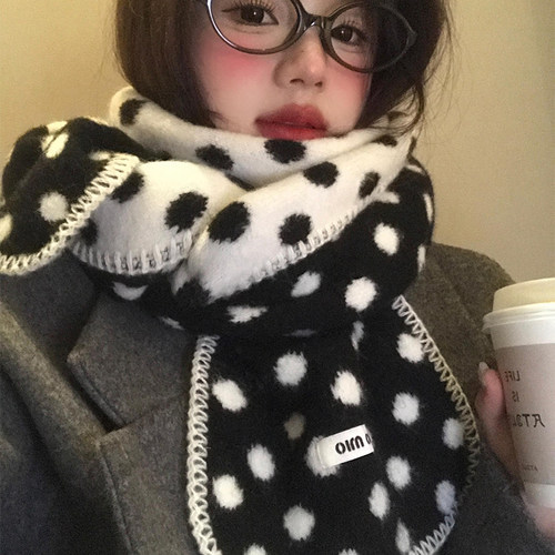 双面波点软糯毛绒针织围巾女秋冬