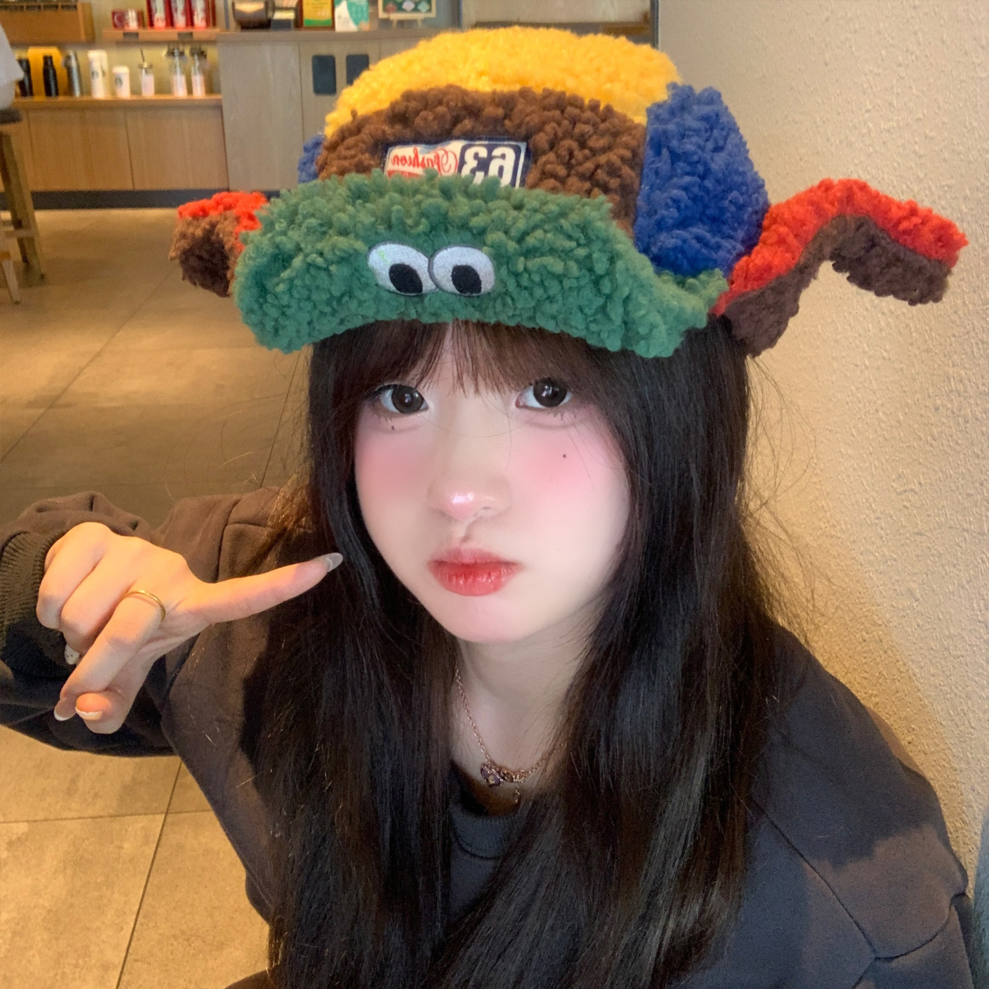 可爱泡芙蛙羊羔绒飞机翅膀五片帽女2025新款秋冬保暖加厚雷锋帽子