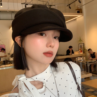 张婧仪同款黑色复古贝雷帽女秋冬显脸小报童帽大头围画家八角帽子