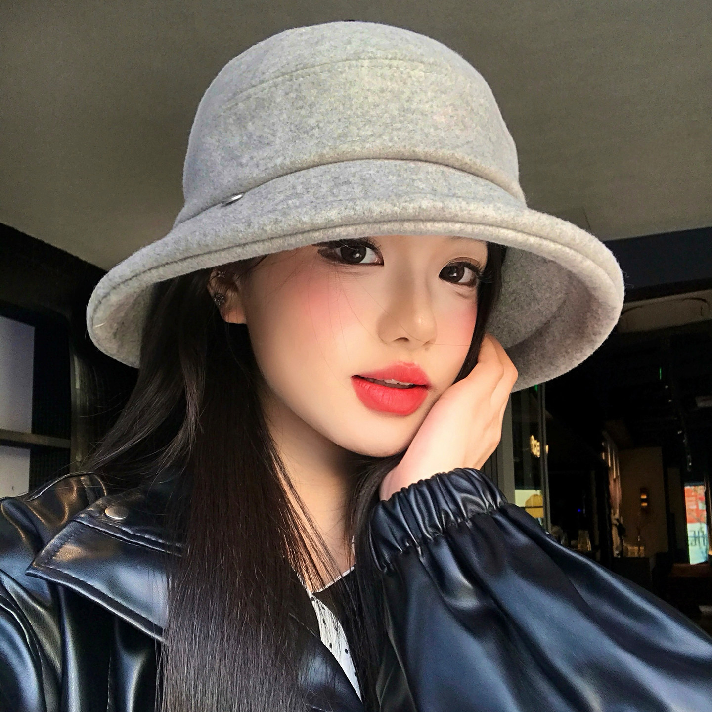日系灰色毛呢渔夫帽子女秋冬高级感气质礼帽大头围显脸小保暖盆帽