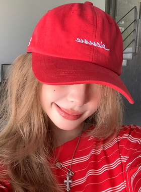 韩系字母刺绣红色棒球帽女加大加深宽帽檐显脸小遮阳防晒鸭舌帽子