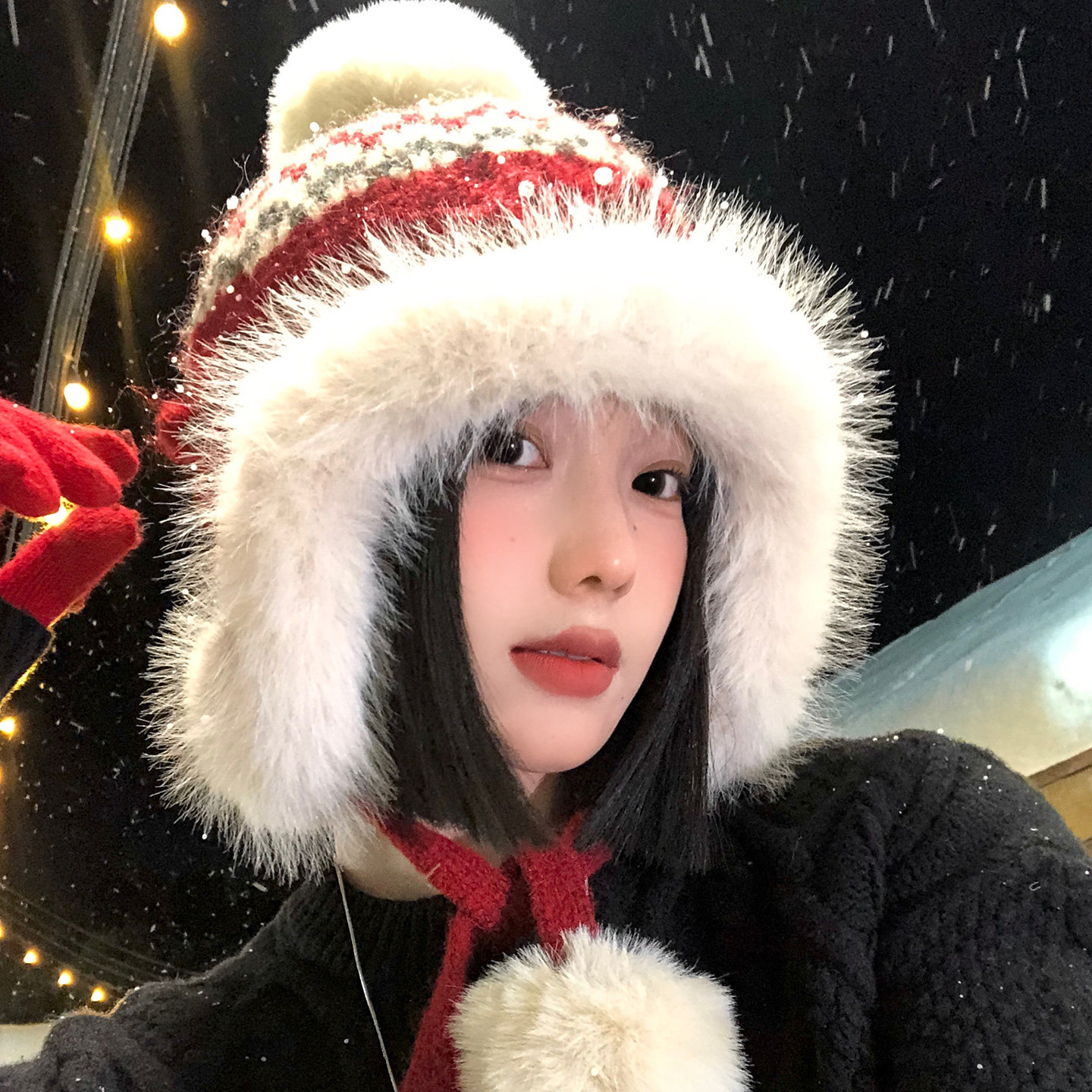 费尔岛风红色毛球加厚保暖雷锋帽