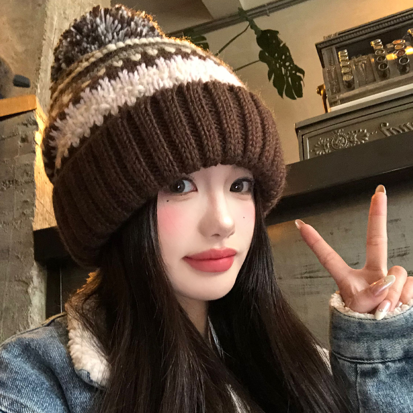 费尔岛咖色毛球针织毛线帽女秋冬