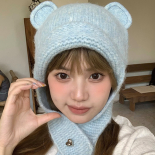 可爱小熊耳朵蓝色针织毛线帽女2025年秋冬季显脸小帽子保暖护耳帽