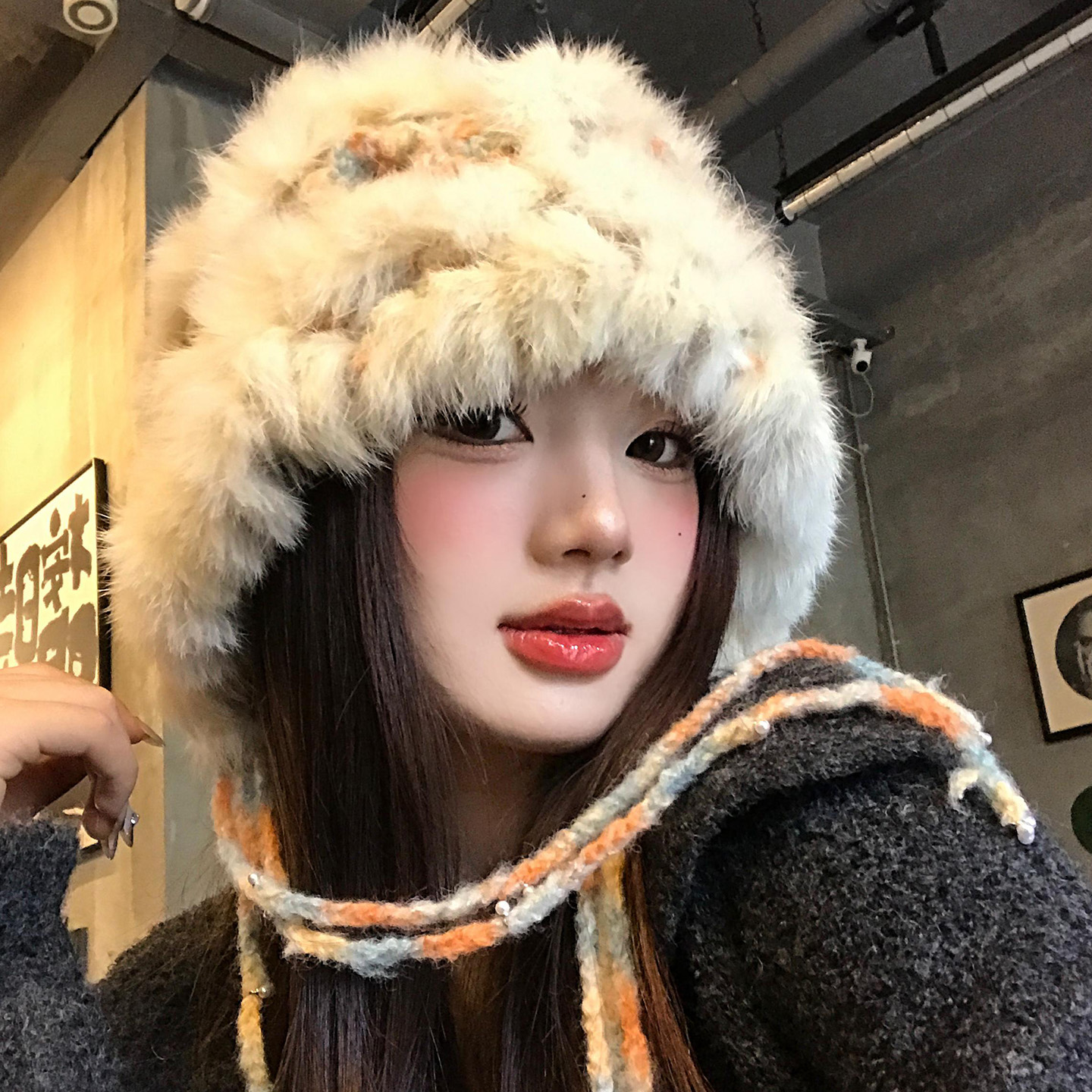 兔毛针织醒狮帽女冬季保暖加厚