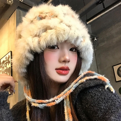 兔毛针织醒狮帽女冬季保暖加厚