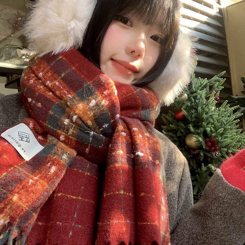 圣诞新年红色格子仿羊绒围巾女款