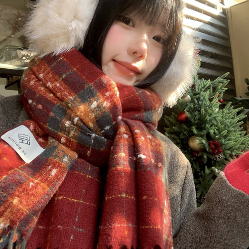 圣诞新年红色格子仿羊绒围巾女款