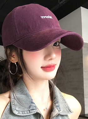 韩系字母刺绣紫色棒球帽女大头围宽帽檐显脸小加大加深顶鸭舌帽子