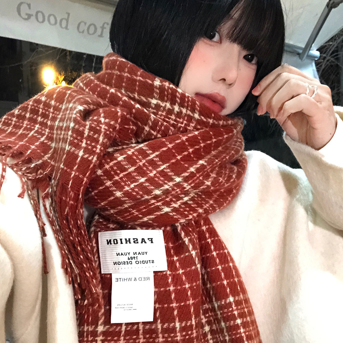 新年红色流苏格子针织毛线围巾女士冬季2026新款加厚保暖防寒围脖