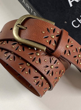 复古雕花镂空黑色皮带女配饰设计感小众配牛仔裤美式百搭裤带腰带