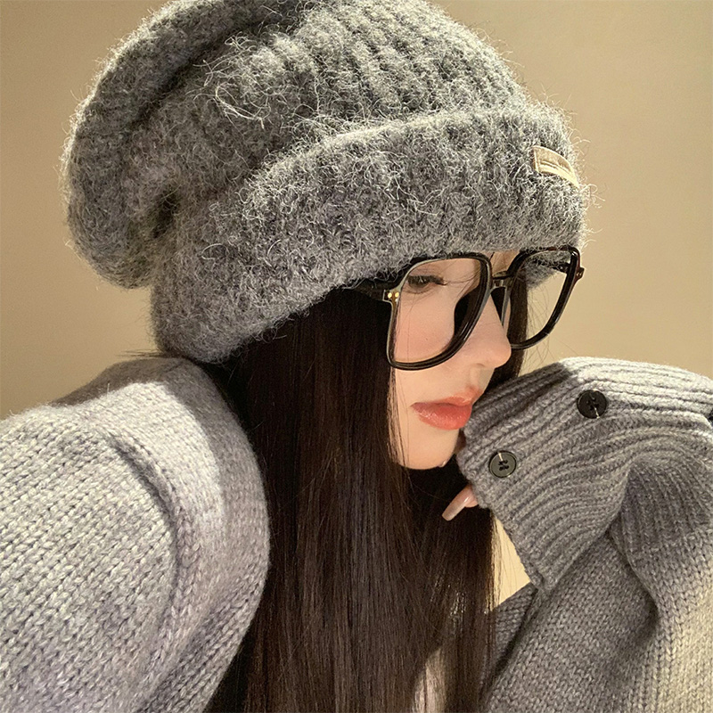 日系大头围宽松灰色毛线帽