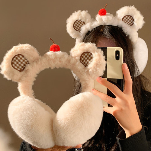 可爱小熊耳朵蛋糕毛绒耳罩女冬季