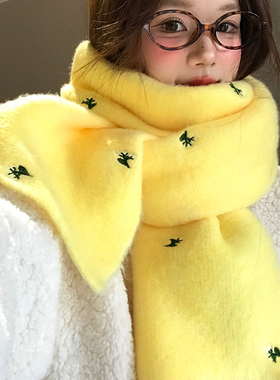 黄色花朵刺绣毛绒针织围巾女2026