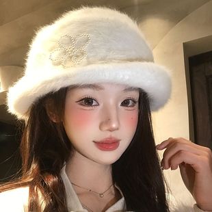 千金风兔毛花朵珍珠白色毛绒礼帽女冬保暖高级感优雅气质渔夫帽子