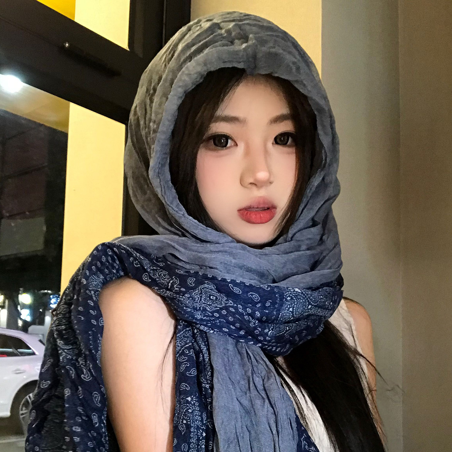 蓝色腰果花棉麻丝巾围巾女士系脖图片