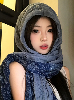 蓝色腰果花棉麻丝巾围巾女士系脖