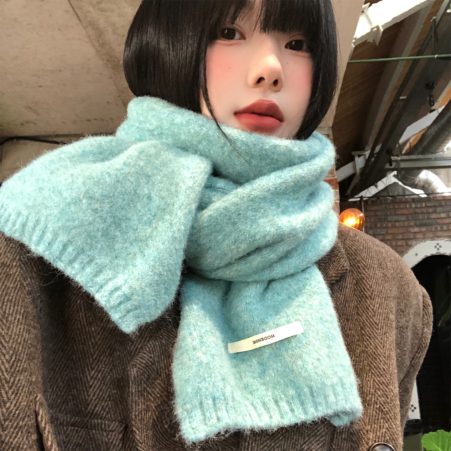 蓝色软糯针织毛线围巾女冬高级感加厚保暖护颈学生韩系氛围感围脖