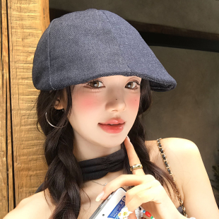 日系复古牛仔前进帽女春夏薄款时尚贝雷帽大头围文艺画家报童帽子