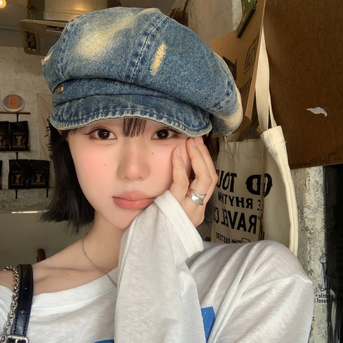 日系破洞水洗牛仔贝雷帽女复古