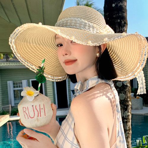 法式蕾丝珍珠蝴蝶结草帽女夏季