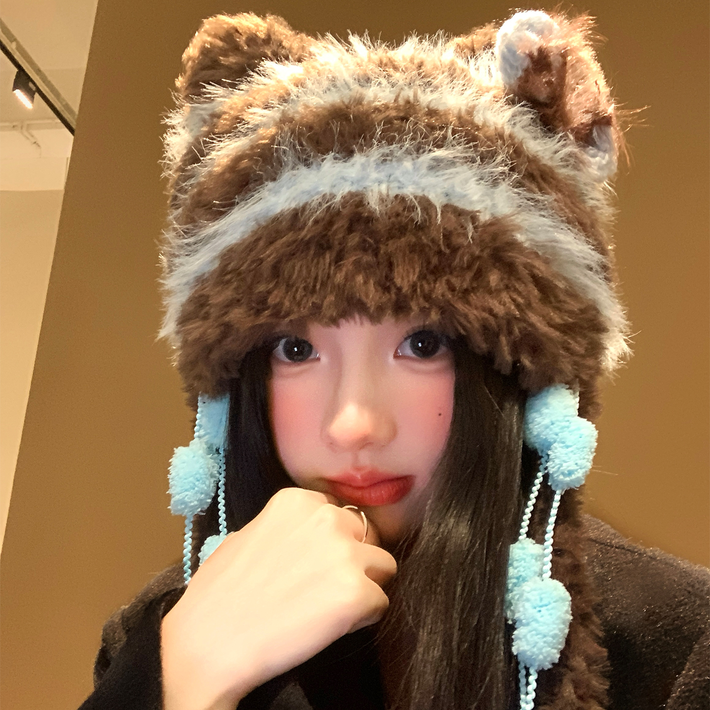 猫耳朵蓝咖条纹流苏针织毛绒帽女
