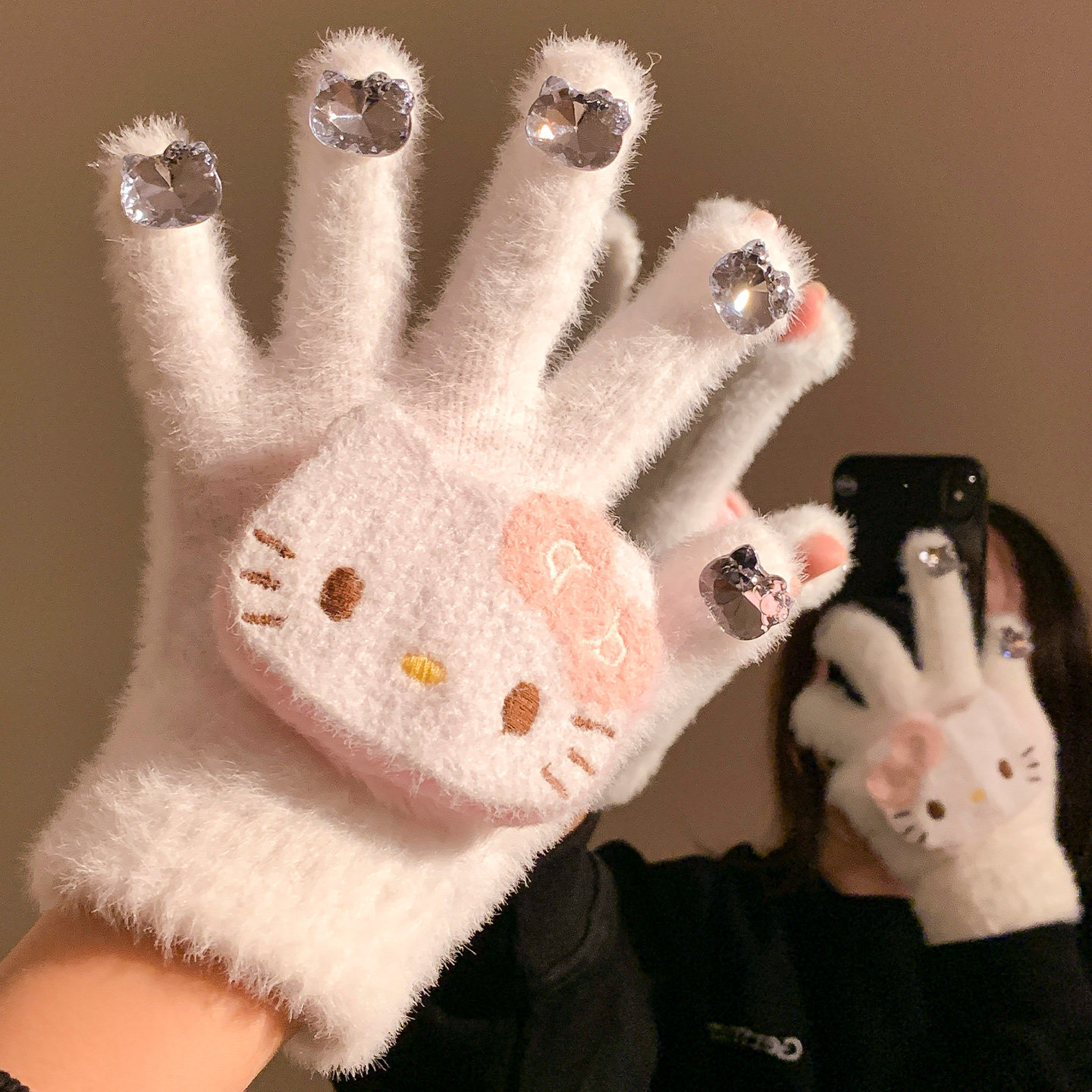 奶呼呼毛茸茸可爱kitty水钻秋冬猫咪手套保暖骑行针织五指可触屏,服饰配件/皮带/帽子/围巾,手套,淘宝优惠券,粉丝福利购,淘宝优惠卷