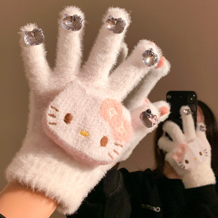 奶呼呼毛茸茸可爱kitty水钻秋冬猫咪手套保暖骑行针织五指可触屏