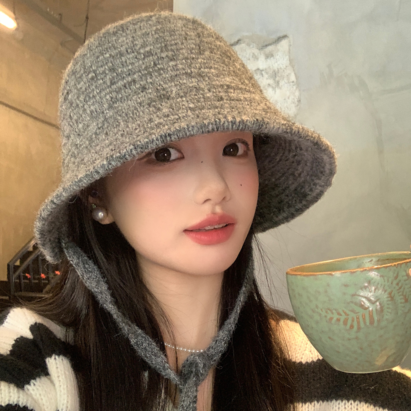 灰色针织绑带渔夫帽女秋冬季