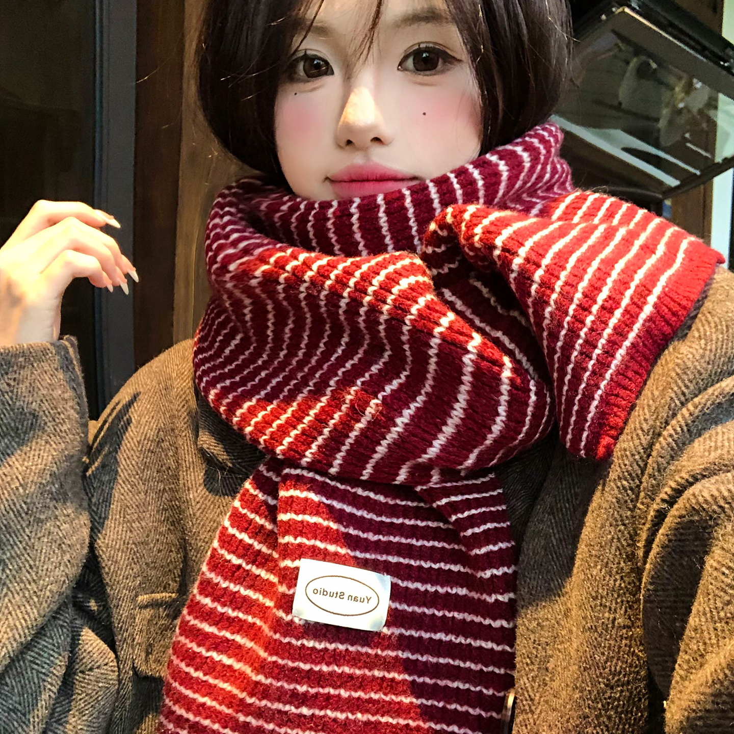 韩系红色条纹针织毛线围巾女秋冬