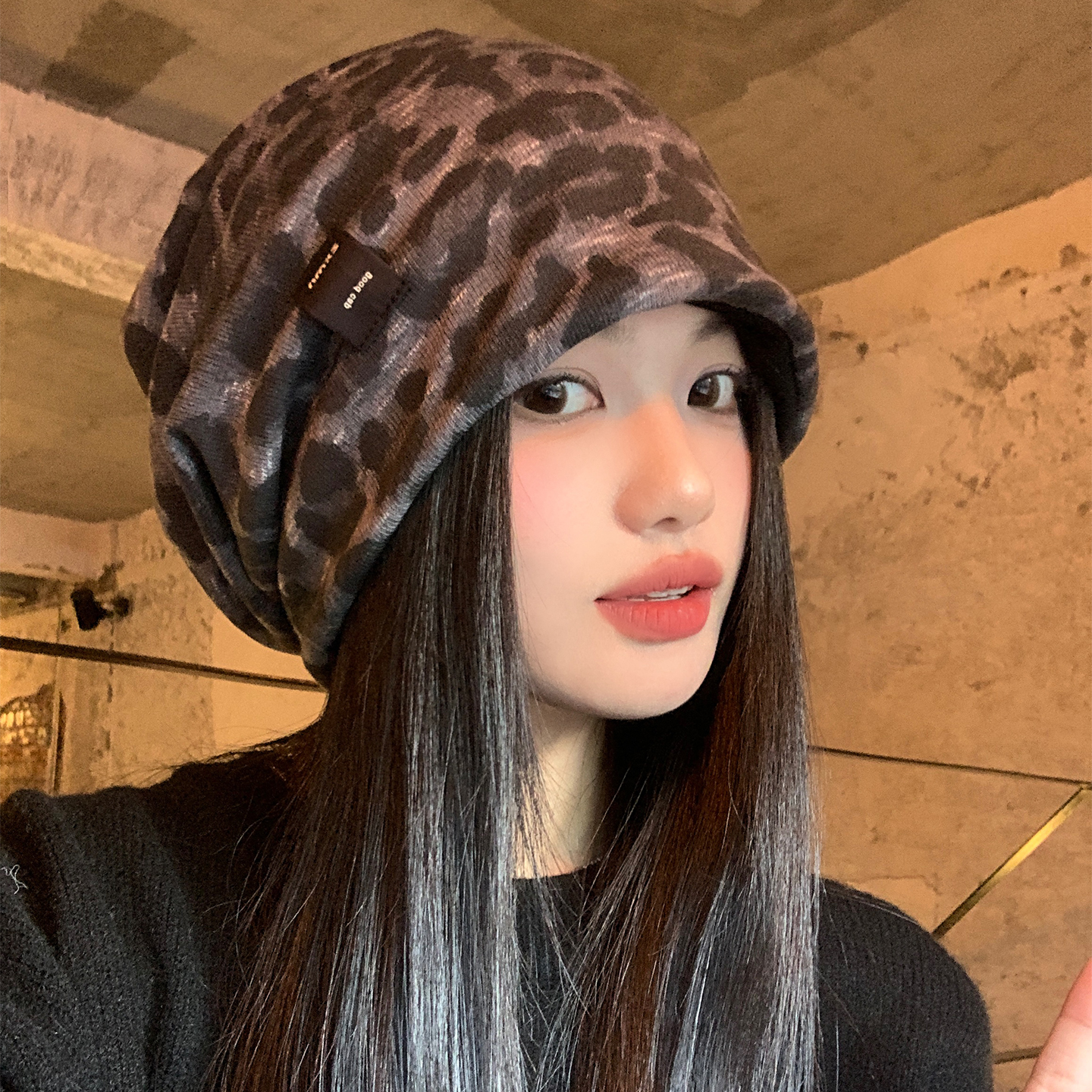 美式复古豹纹咖色堆堆帽女时髦